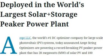 Ampt String Optimizers Deployed in the World’s Largest Solar+Storage Peaker Power Plant