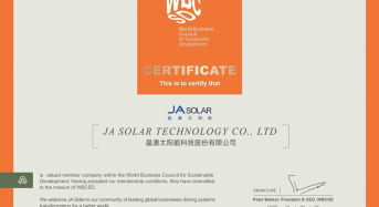 JA Solar Is China’s First Private Enterprise and the First Solar PV Company Worldwide to Becomes the Member of World Business Council for Sustainable Development (WBCSD)