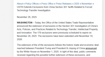 USTR Extends China Section 301 Tariff Exemptions for 12 Months, Including 14 Solar Manufacturing Items